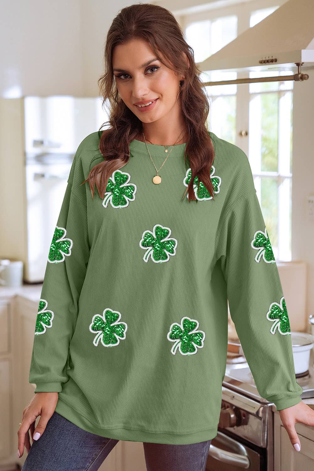 Ribbed Four Leaf Clover Graphic St. Patricks Pullover Sweats