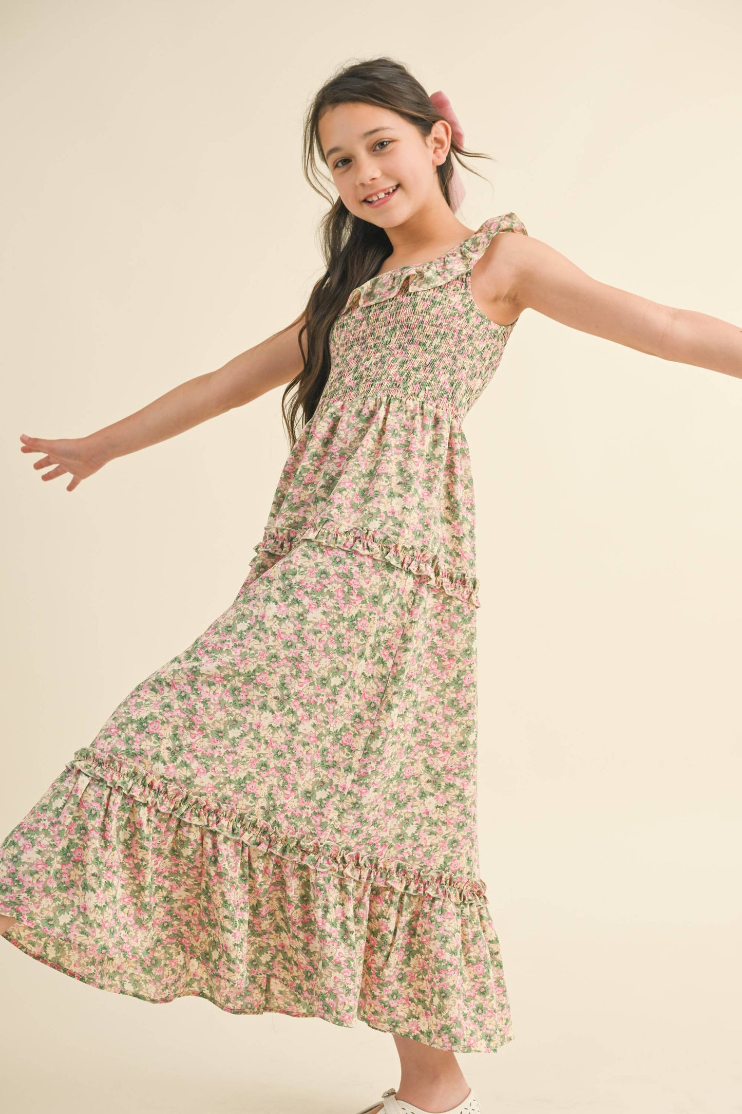 GIRLS RUFFLE SMOCKED MAXI DRESS