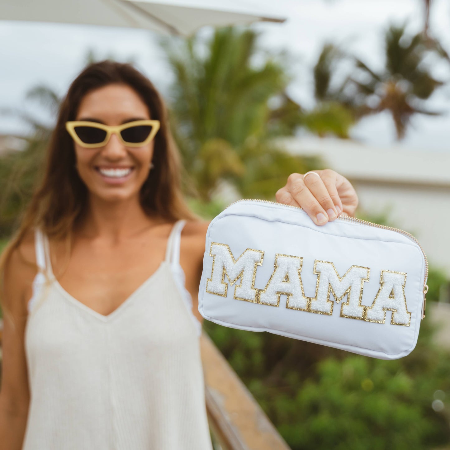 Preppy White Nylon Glitter Chenille Letter Patch Bag - MAMA