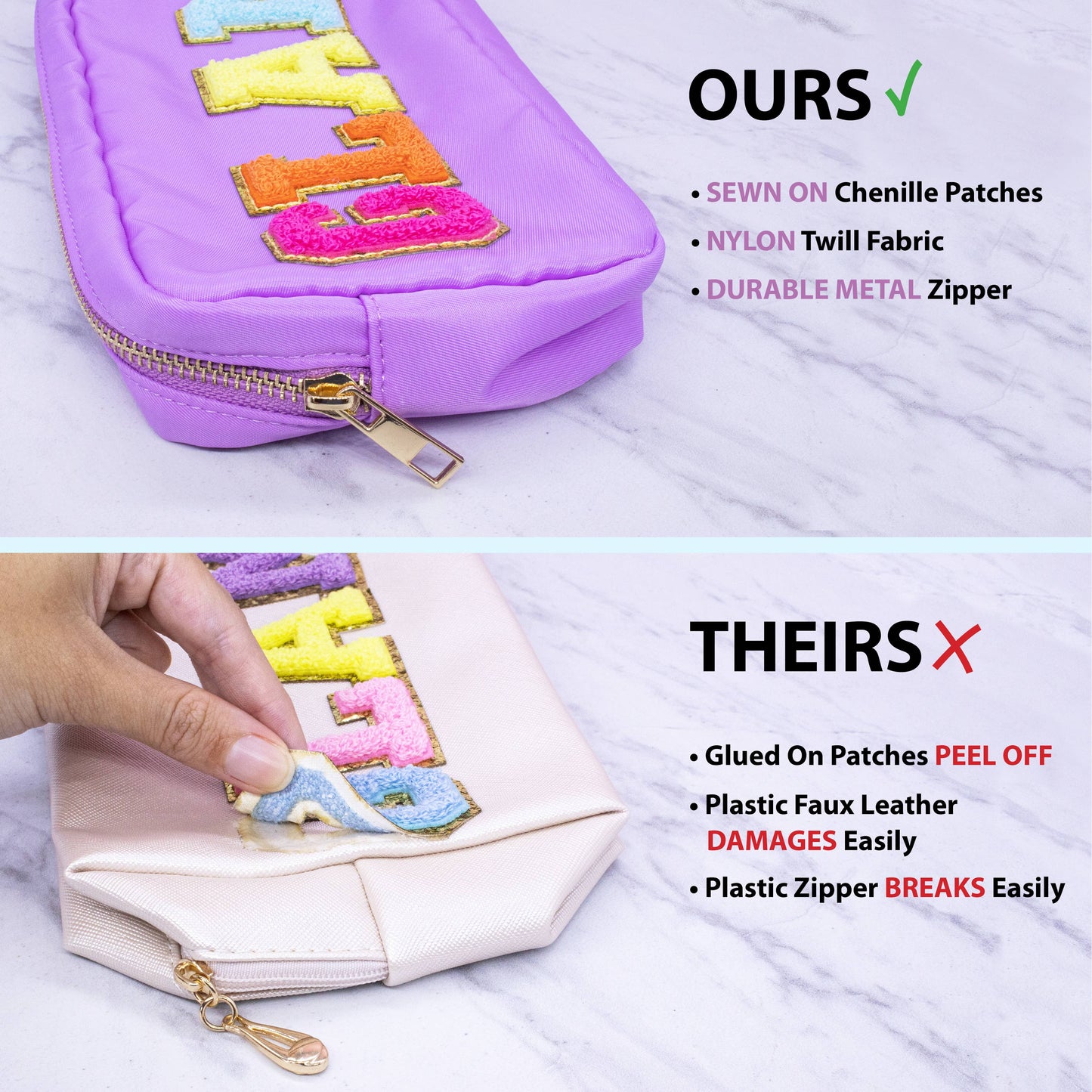 Preppy Nylon Chenille Letter Travel Makeup Pouch - GLAM