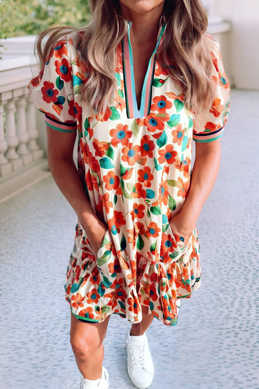Floral VNeck Puff Mini Dress