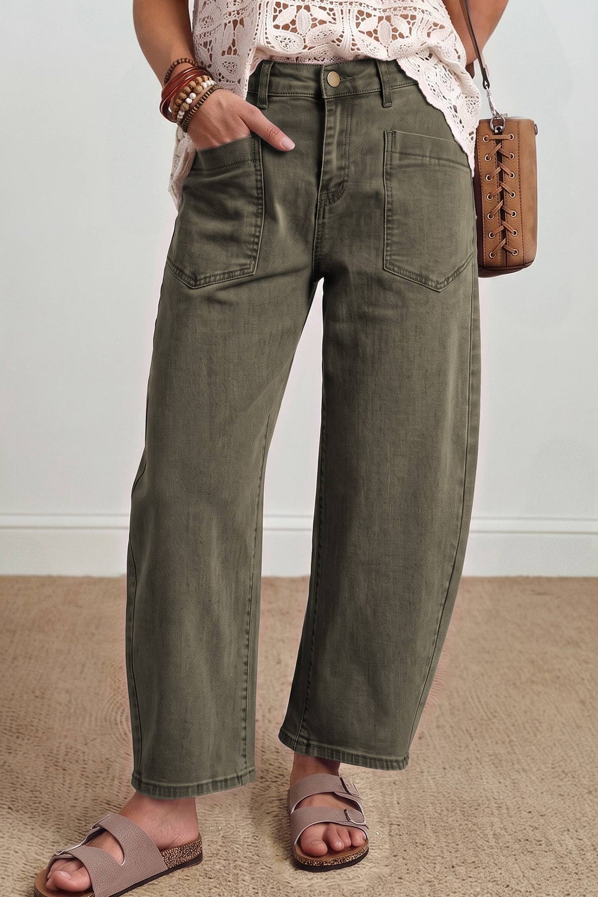 Square Pocket Ankle-length Barrel Jeans