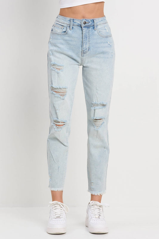 Light Wash Distressed Mom