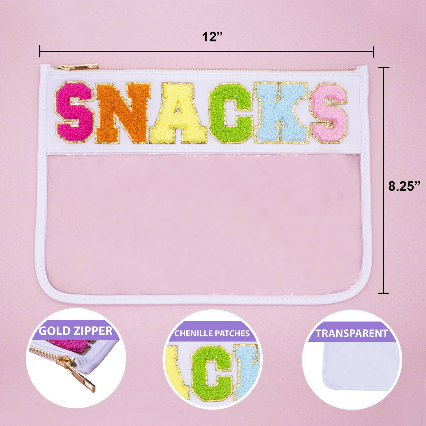 Large Clear Chenille Letter Patch Pouch - SNACKS- PC