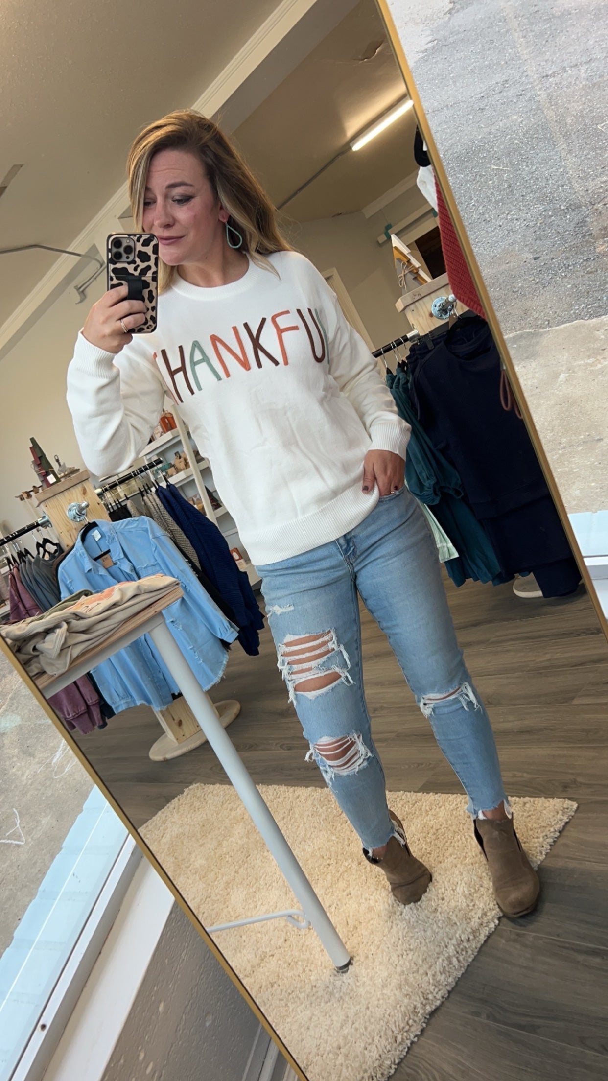 Thankful Letter Embroidered Knit Sweater