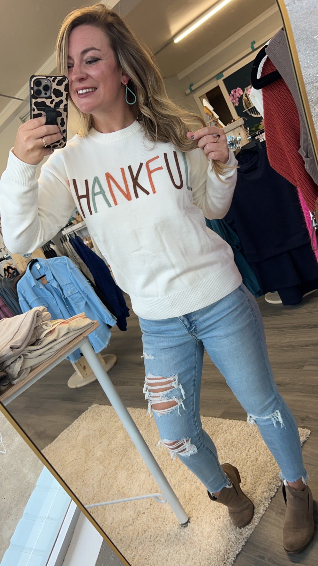 Thankful Letter Embroidered Knit Sweater