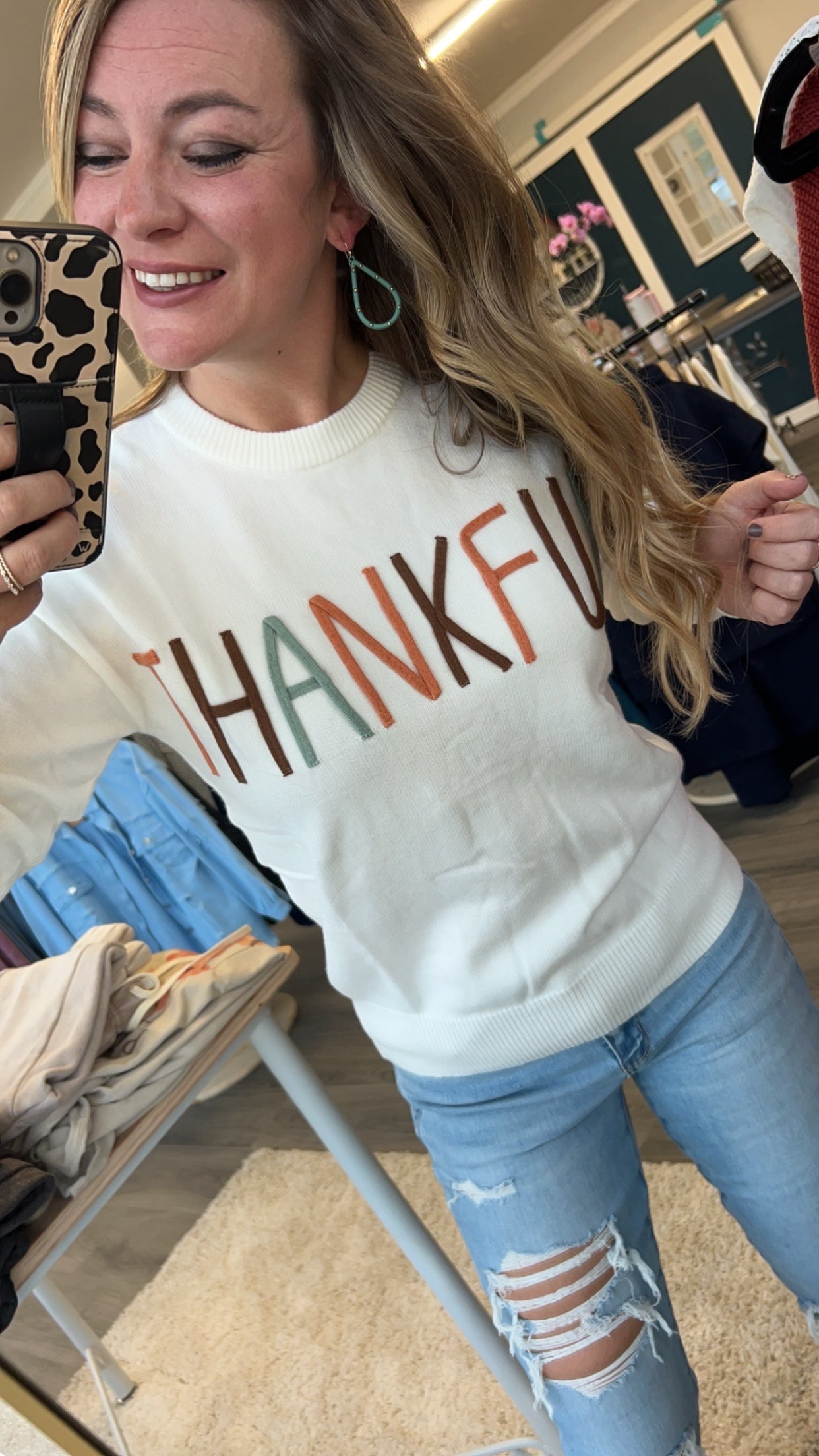 Thankful Letter Embroidered Knit Sweater