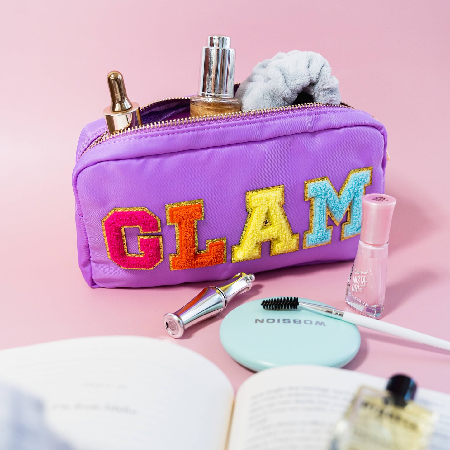 Preppy Nylon Chenille Letter Travel Makeup Pouch - GLAM