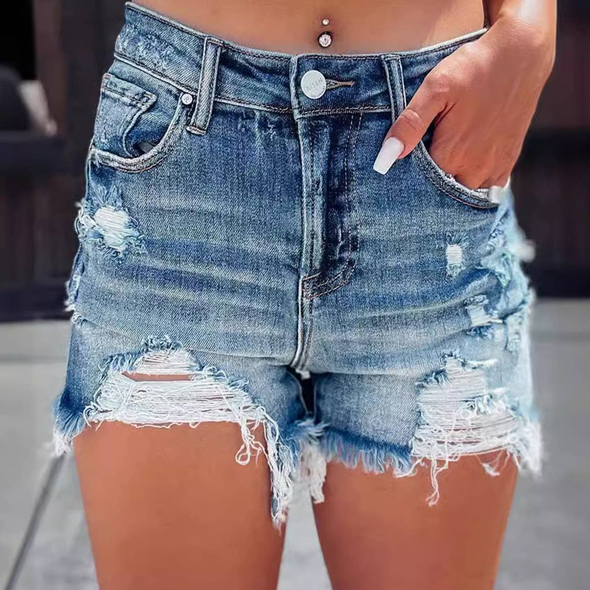 Ripped high-waisted denim shorts