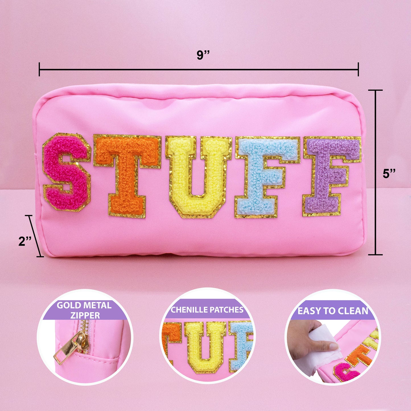 Preppy Nylon Chenille Letter Travel Makeup Pouch - STUFF