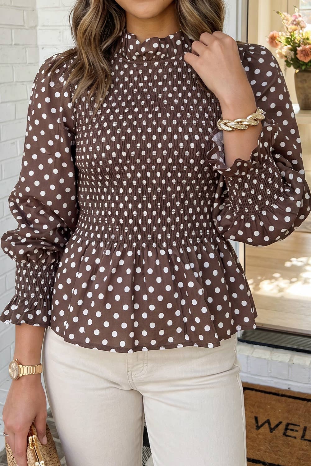 Polka Dot Mock Neck Blouse