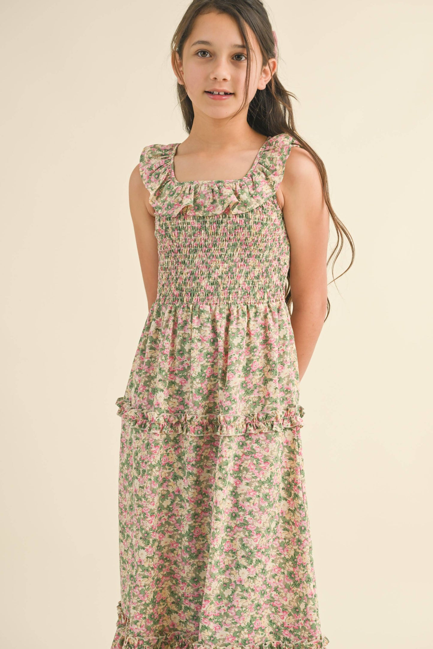 GIRLS RUFFLE SMOCKED MAXI DRESS