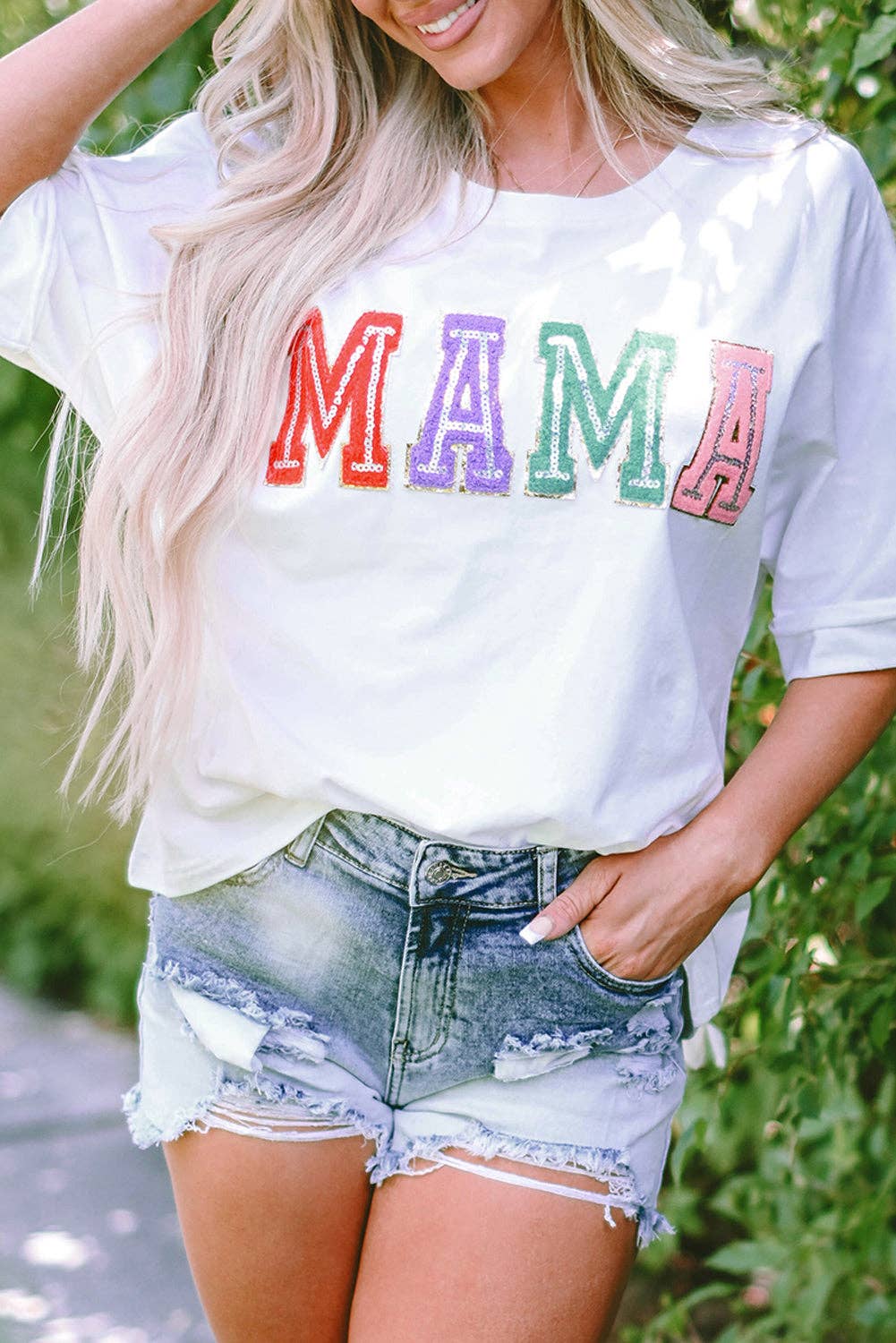 MAMA Sequin Patch Crewneck T-Shirt