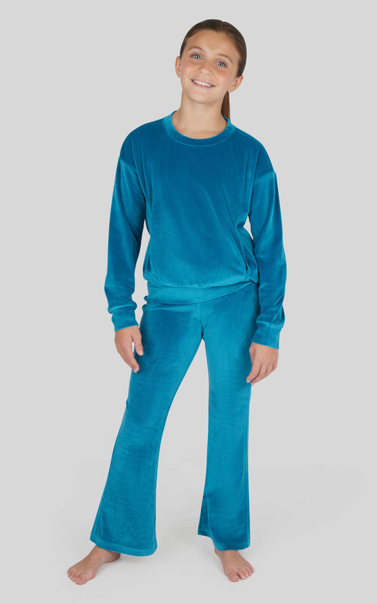 Girls Rib Velour Crew Neck, Flared Pant, Scrunchie - SET