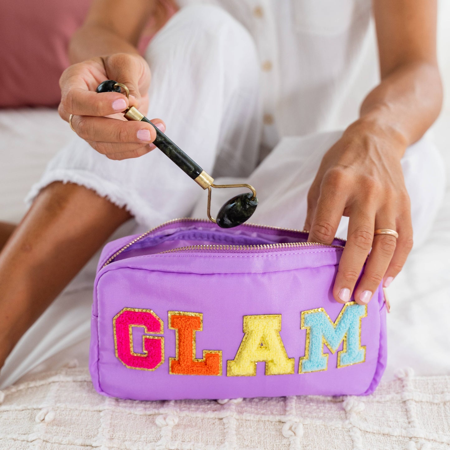 Preppy Nylon Chenille Letter Travel Makeup Pouch - GLAM