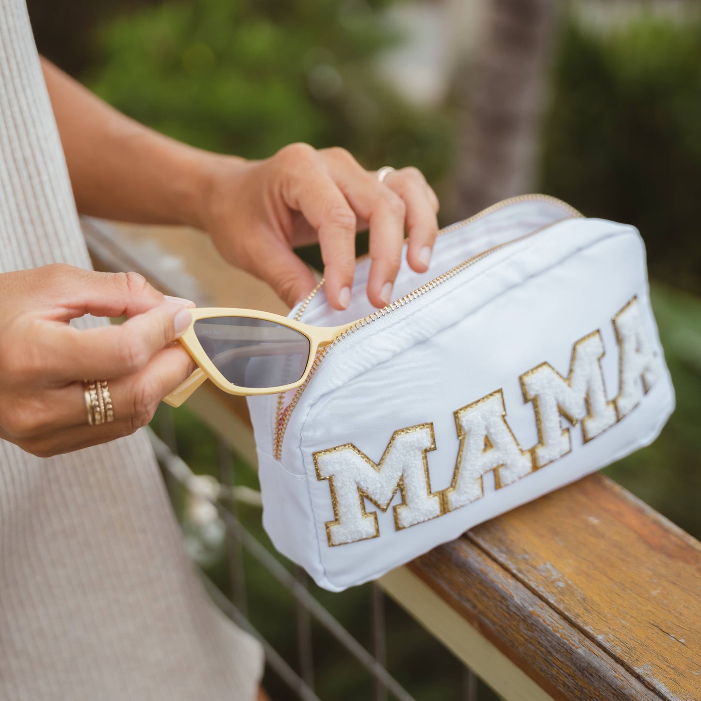 Preppy White Nylon Glitter Chenille Letter Patch Bag - MAMA