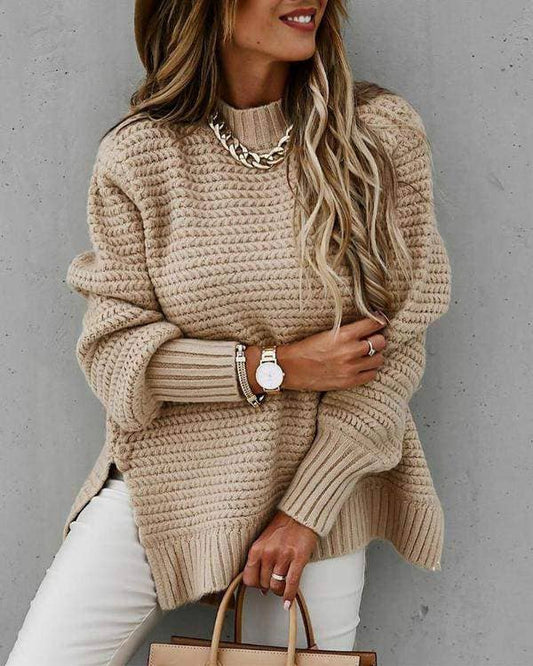 Solid long sleeve loose slit hem sweater