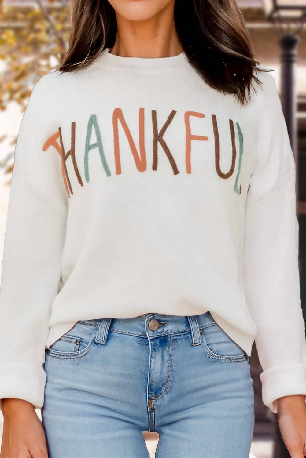 Thankful Letter Embroidered Knit Sweater