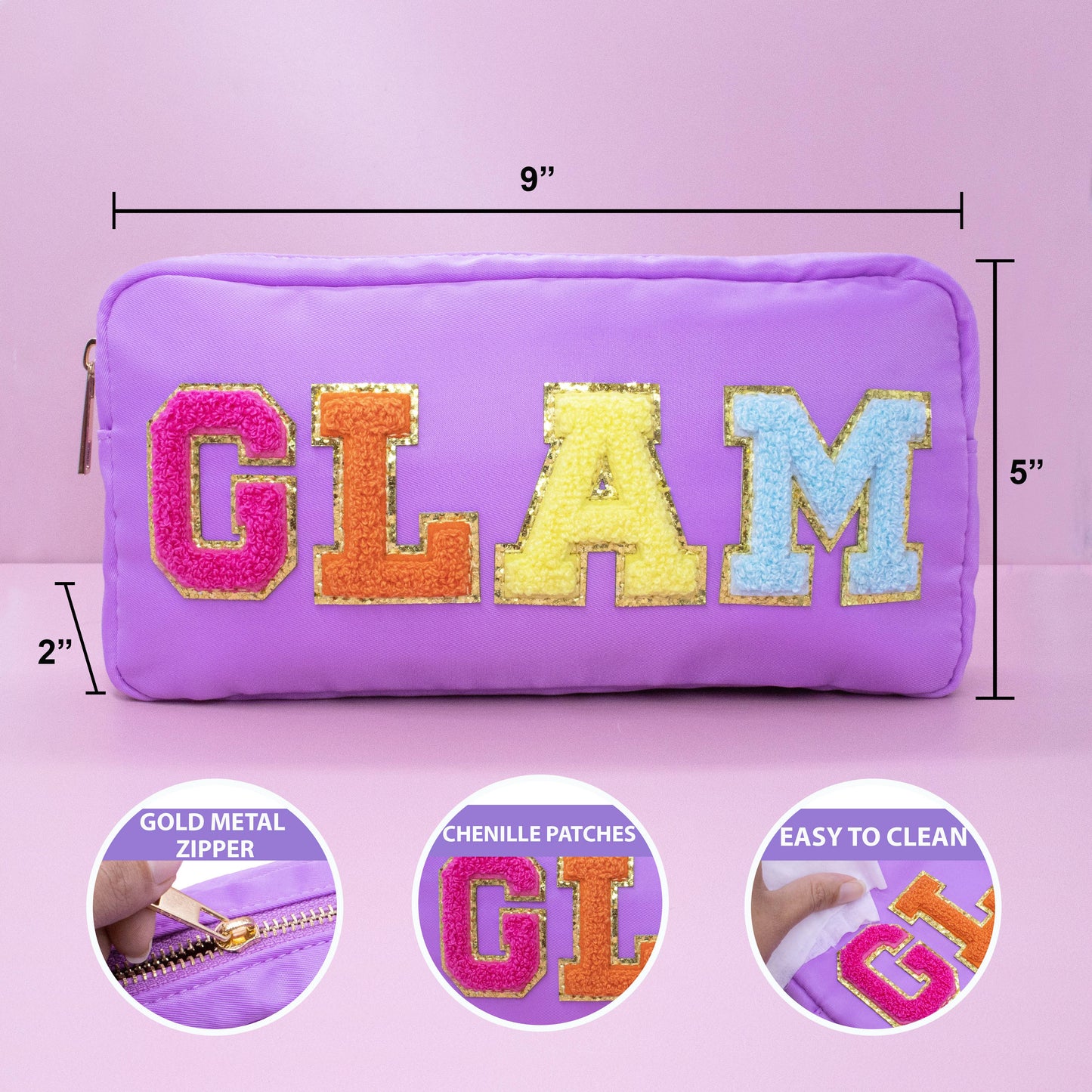 Preppy Nylon Chenille Letter Travel Makeup Pouch - GLAM