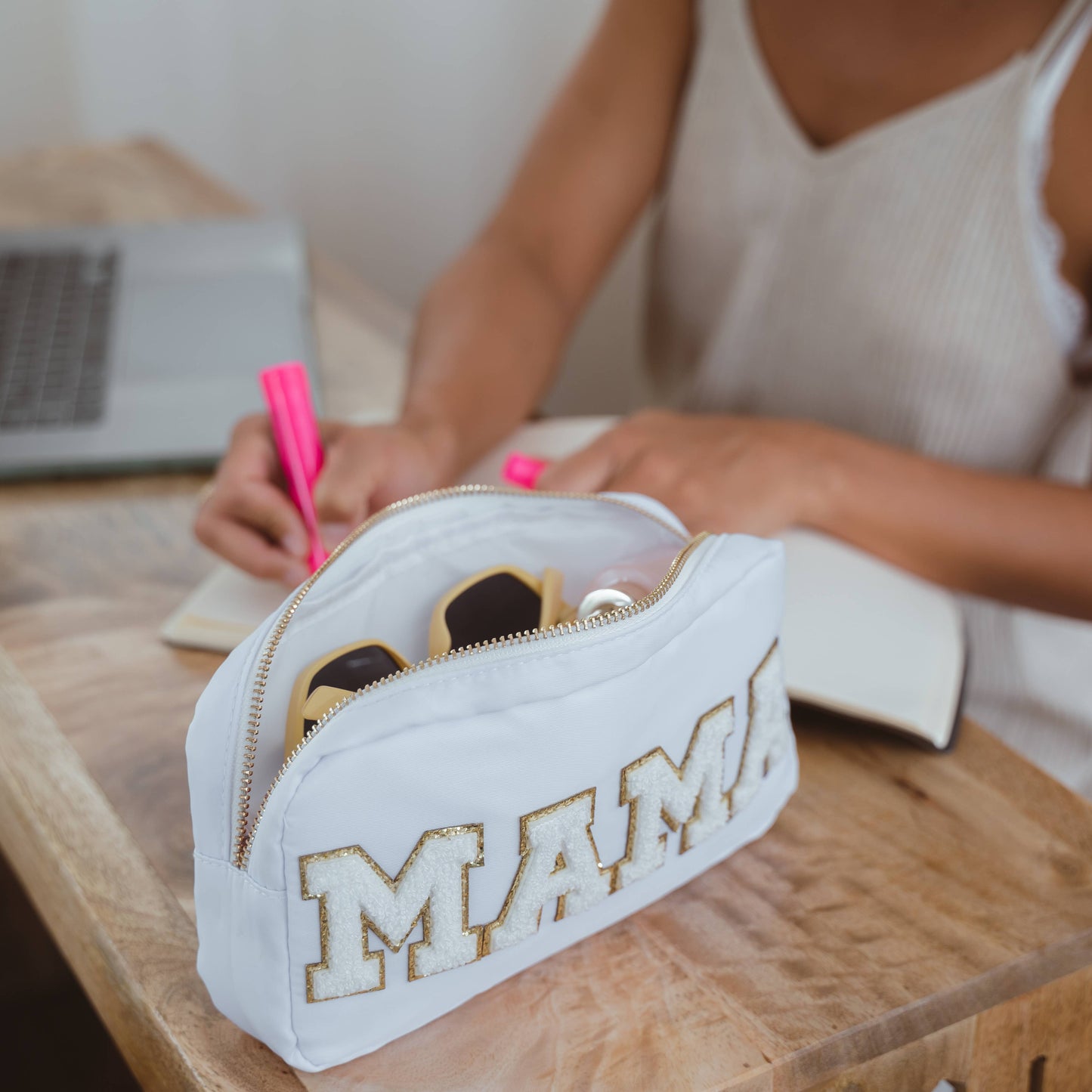 Preppy White Nylon Glitter Chenille Letter Patch Bag - MAMA