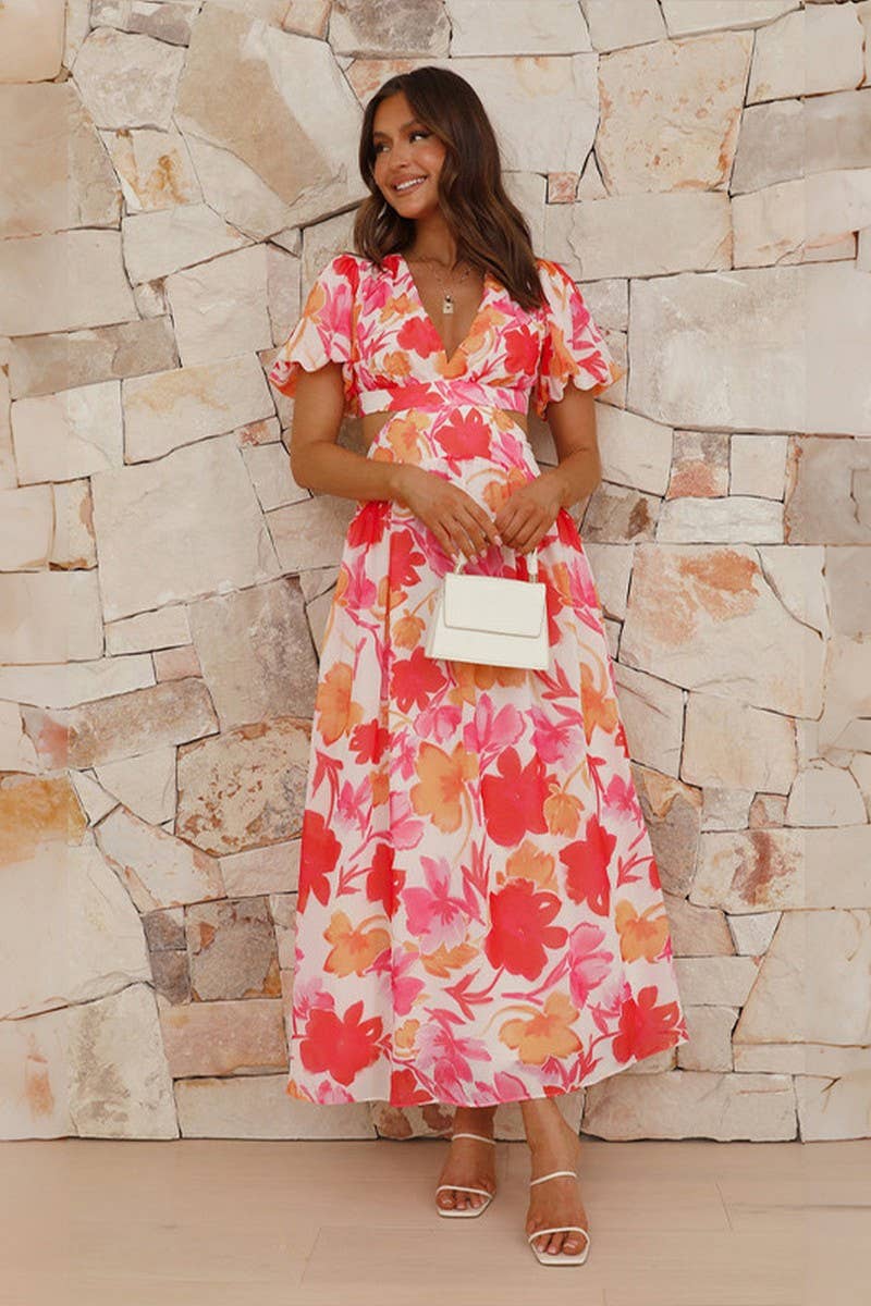 V Neck Puff Sleeve Dress