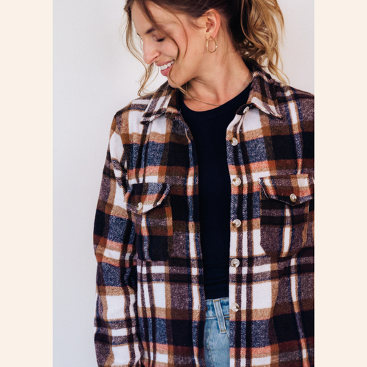 Navy Copper Plaid Flannel - Women's