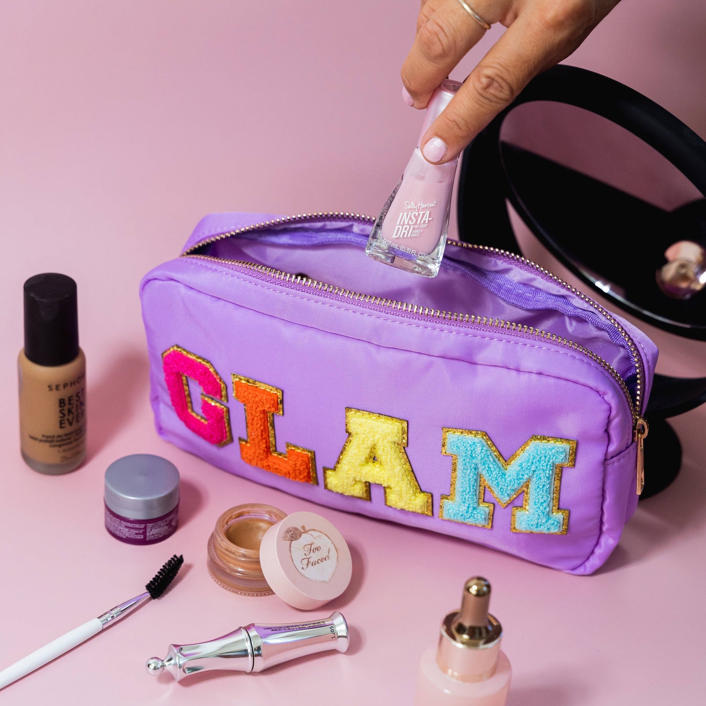 Preppy Nylon Chenille Letter Travel Makeup Pouch - GLAM