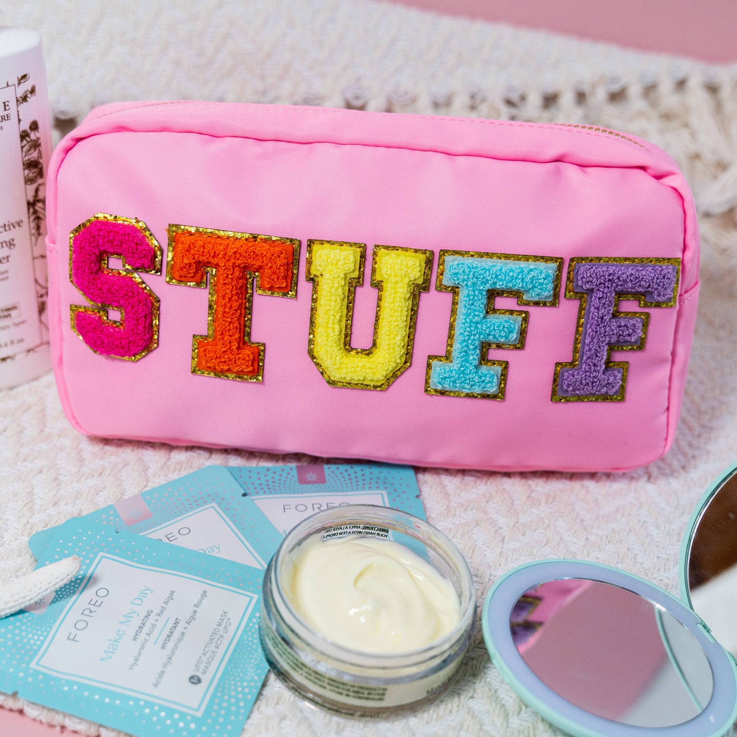 Preppy Nylon Chenille Letter Travel Makeup Pouch - STUFF