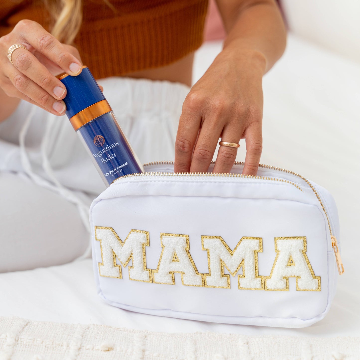 Preppy White Nylon Glitter Chenille Letter Patch Bag - MAMA